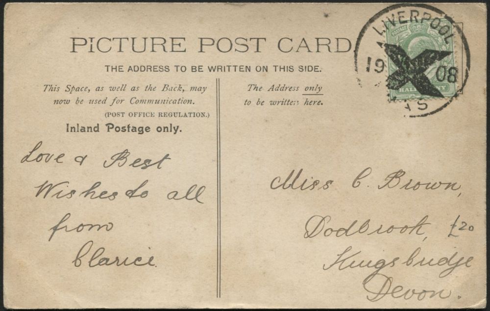 1908 Postcard to Devon KEVII ½d, Liverpool 1908 XMAS for delivery on ...