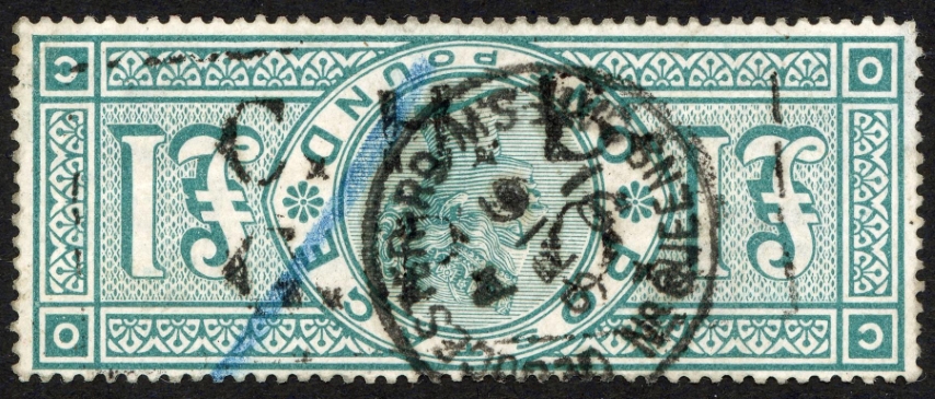 SG212wi 1891 £1 green, OC, wmk INVERTED with 1891 London cds