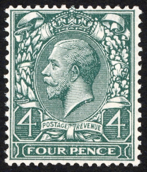 SG424wi 1924-26 4d grey-green, wmk INVERTED, light crease, U/M